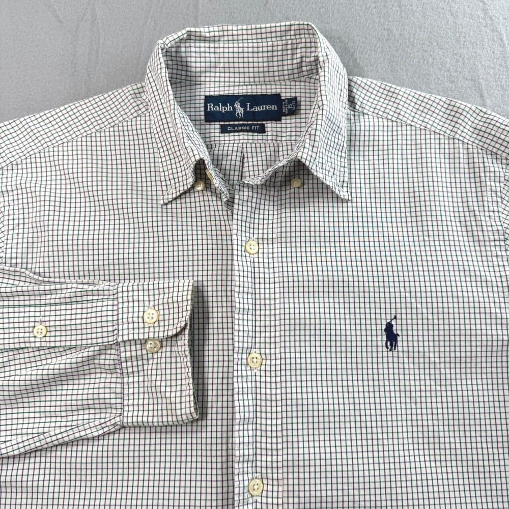 Ralph Lauren Button Down Shirt Mens 15 32/33 White Green Tattersall Office Wear - Picture 4 of 8